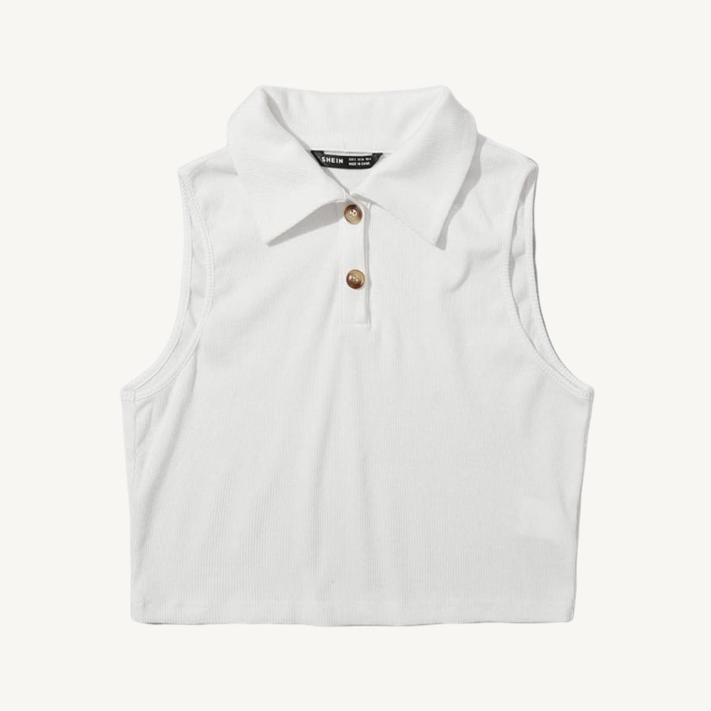 white rib-knit button half placket tank top